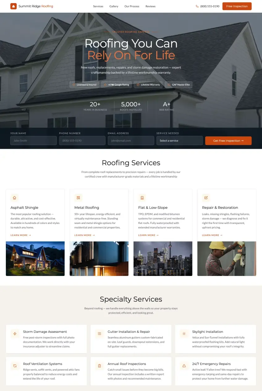 Custom website design for a roofing company